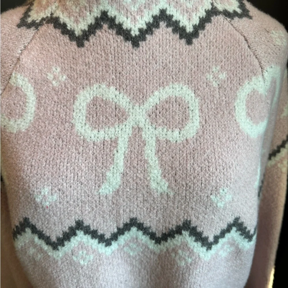 No Boundaries Pink White Bow Girly Fair Isle Rose Mist Cowl Neck Sweater Sz 8-10